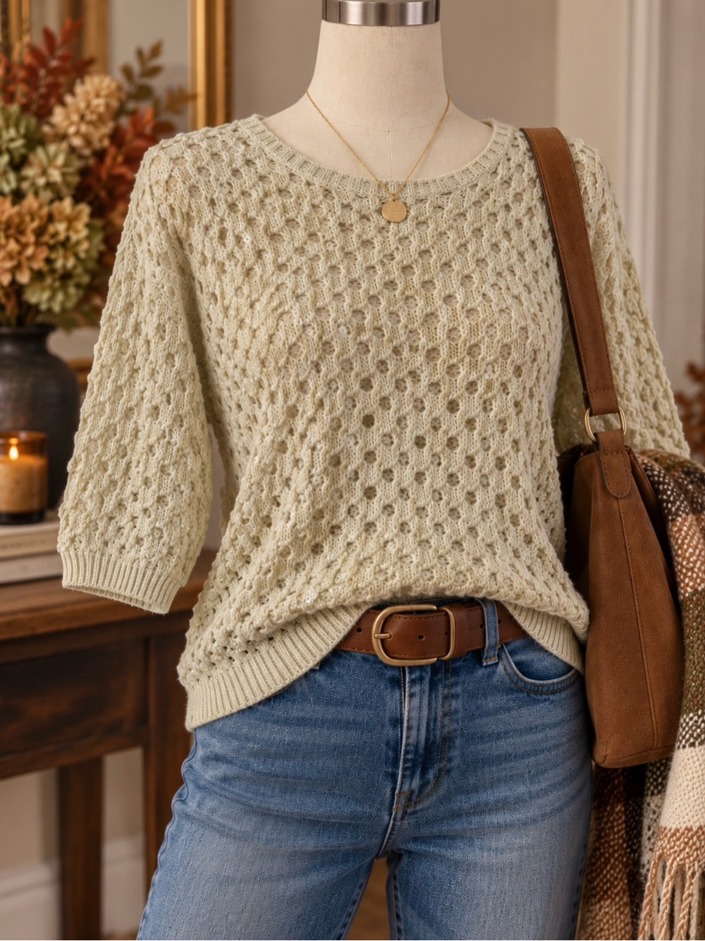 Open Knit Sequin Sweater Beige Sage Boho Fall Women’s M